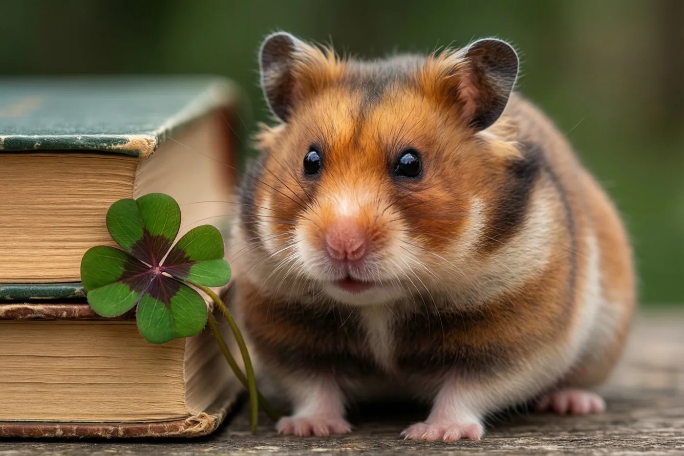 Een hamster met oranjebruine vacht zit naast een stapel oude boeken met een klavertjevier erop, op een houten ondergrond tegen een zachtgroene achtergrond.