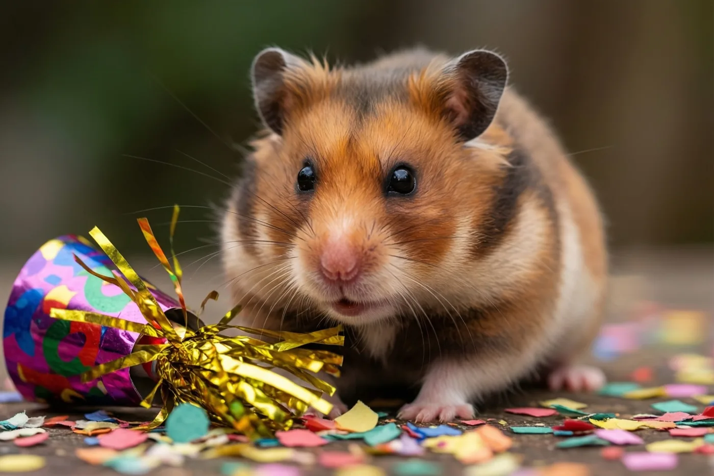 Een kleine pluizige bruin-witte hamster zit naast een opengeknalde paarse en gouden confettiknaller, met kleurrijke confetti op de ondergrond en een onscherpe achtergrond.
