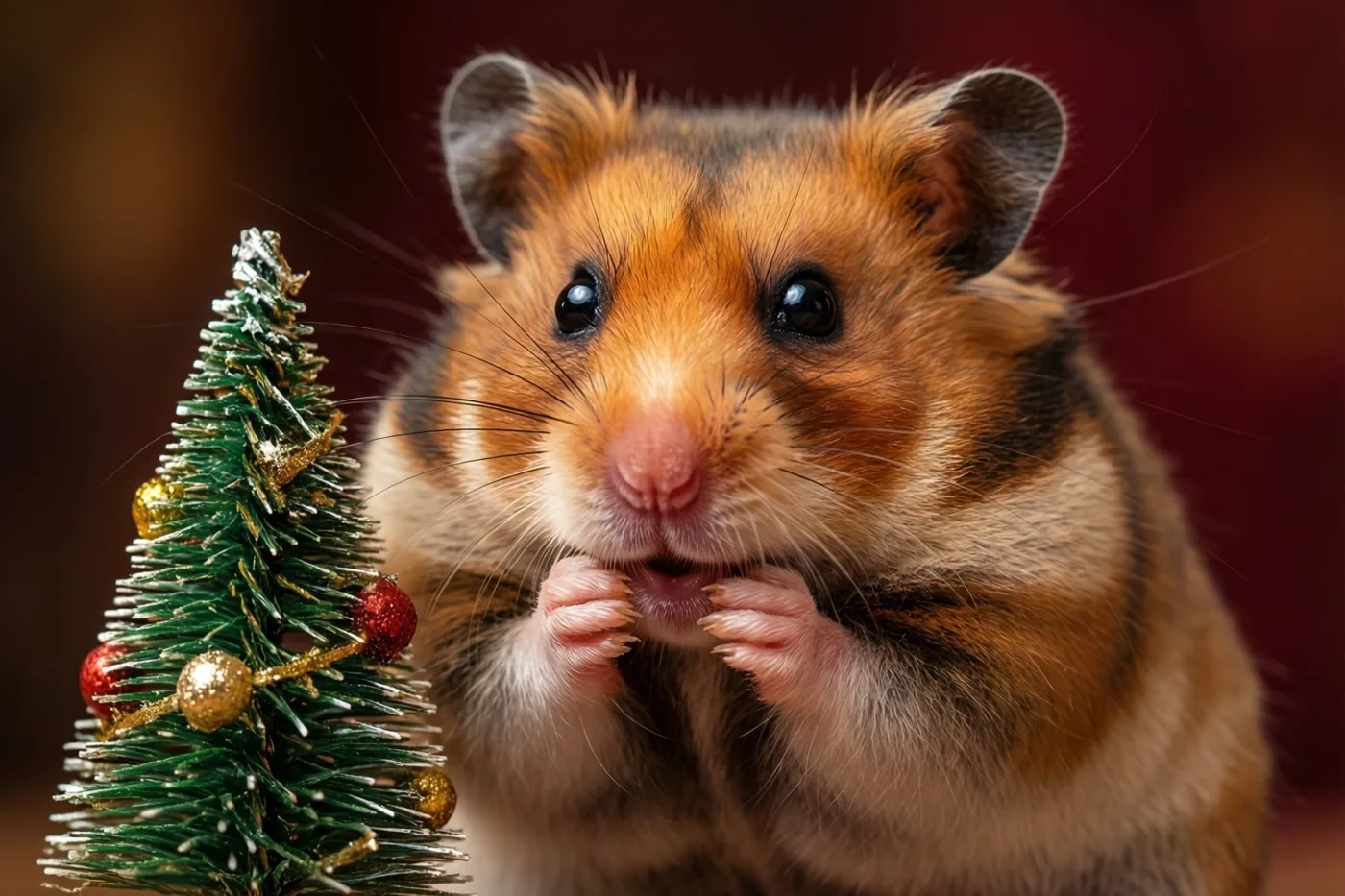 Een close-up toont een oranjebruine hamster die eten in zijn pootjes houdt en zijn wangen vult naast een groen kerstboompje met rode en gouden versieringen, tegen een onscherpe dieprode achtergrond.