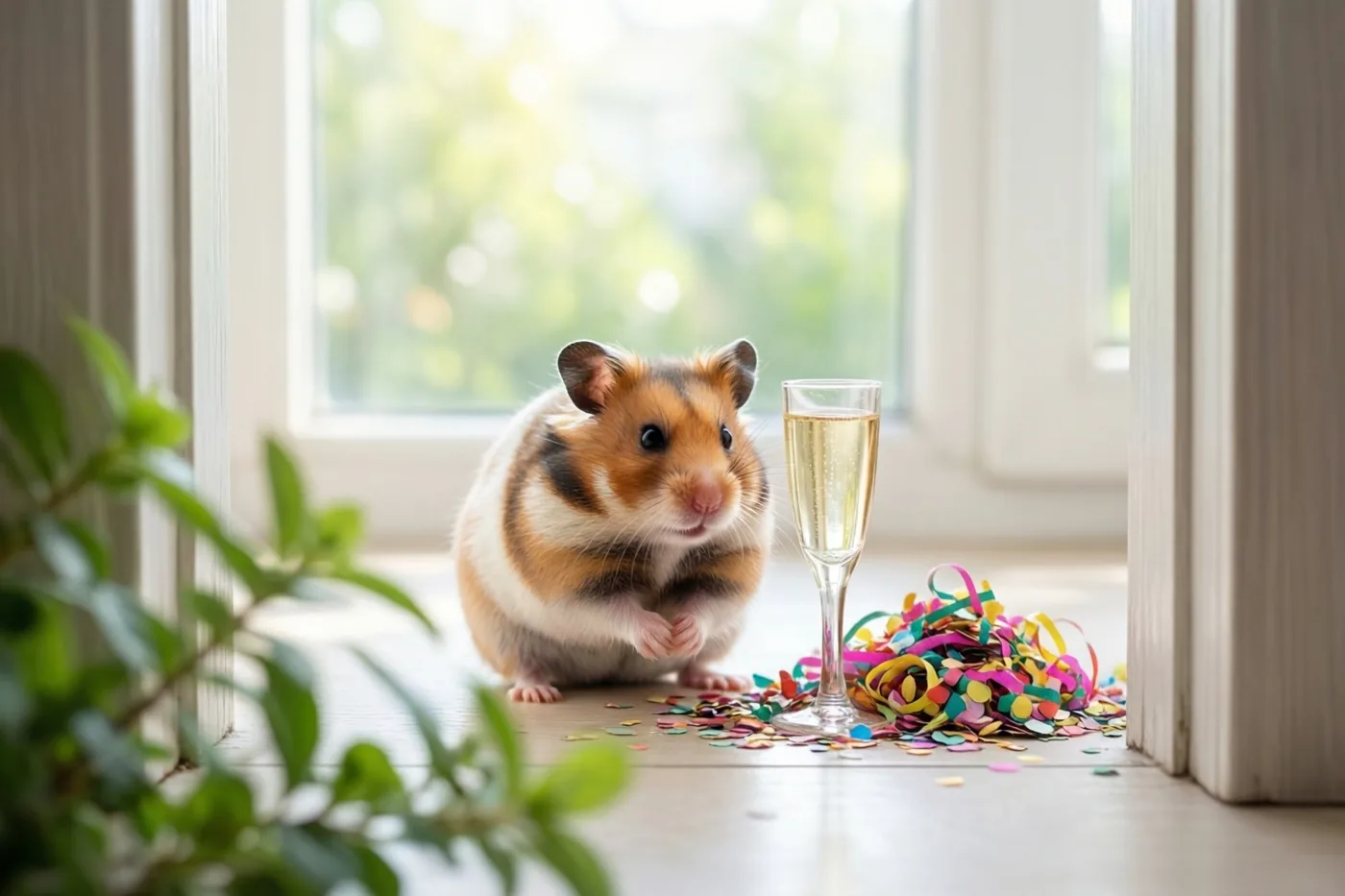 Een kleine hamster zit op een vensterbank naast een champagneglas met een bruisende drank en kleurrijke confetti, met onscherp groen buiten het raam.