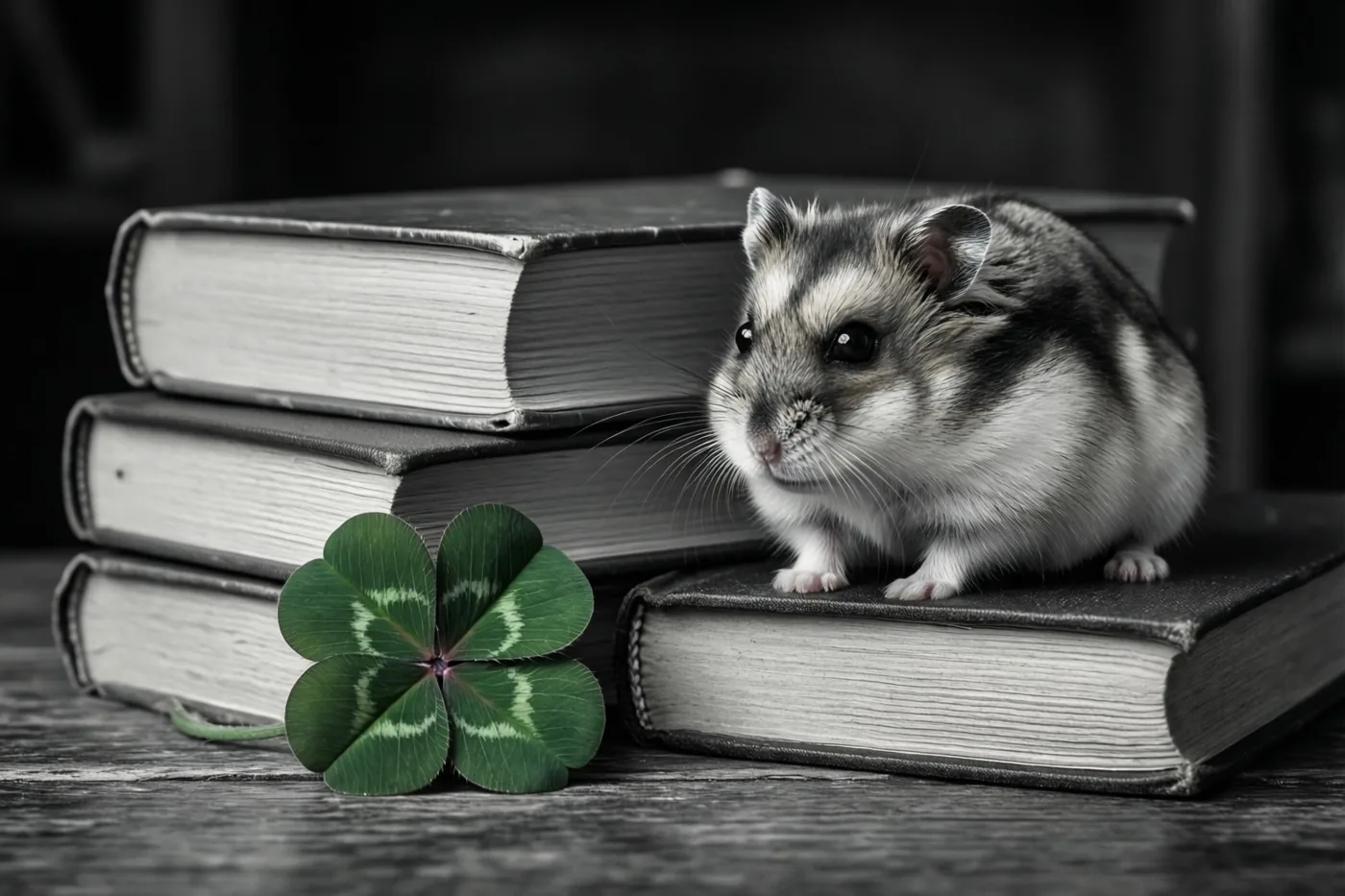 Een kleine hamster zit op drie oude boeken op een houten ondergrond, met daarnaast een felgroen klavertjevier in een verder zwart-witbeeld.