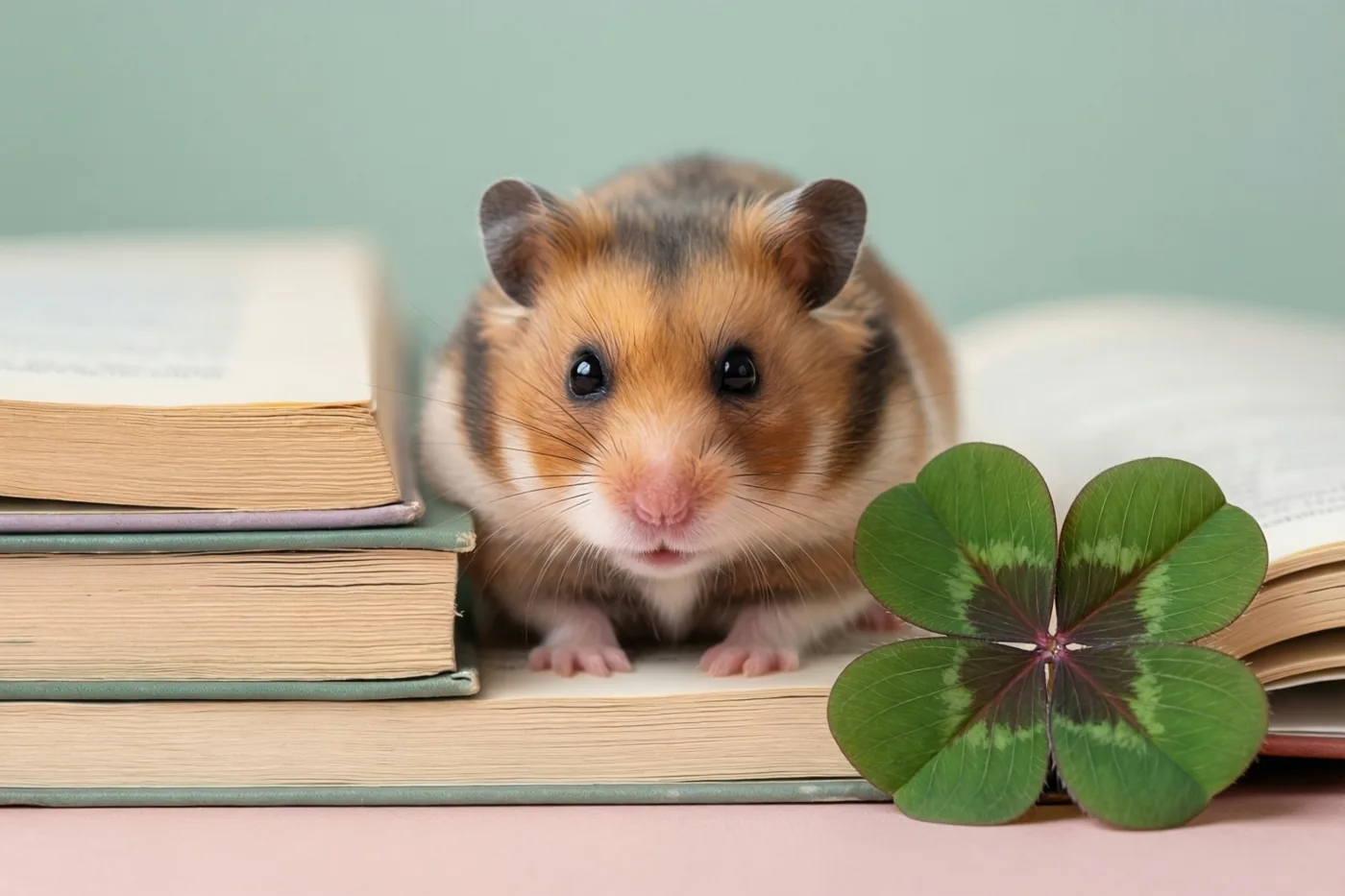 Een bruin-witte hamster kijkt naar de camera vanaf een stapel open en gesloten boeken, met een groen klavertjevier op een zachtroze ondergrond en een lichtgroene achtergrond.