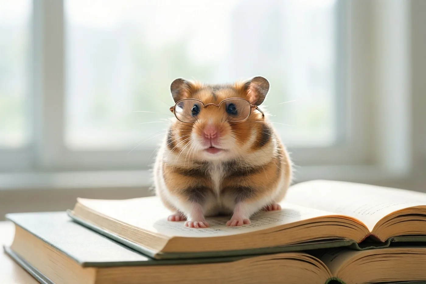 Een kleine hamster met een brilletje zit rechtop op een stapel open boeken bij een helder raam in zacht daglicht.
