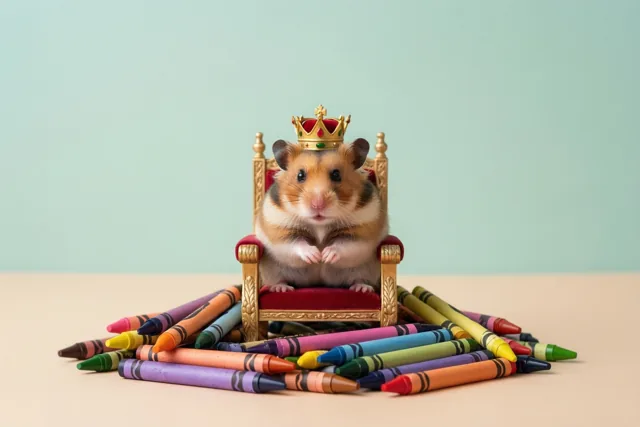 Een hamster met een gouden kroontje zit rechtop op een miniatuurtroon met rood fluweel, tussen kleurrijke waskrijtjes op een beige ondergrond tegen een lichtblauwgroene achtergrond.