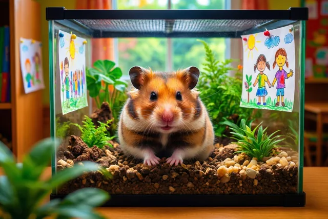 Een hamster zit in een glazen terrarium met aarde en groene planten, met kinderlijke tekeningen aan het glas en een klasraam op de achtergrond.