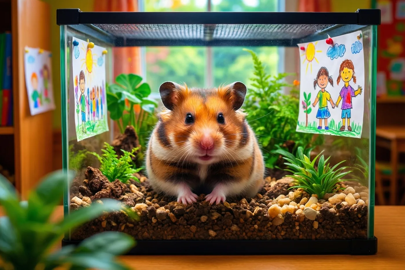 Een hamster zit in een glazen terrarium met aarde en groene planten, met kinderlijke tekeningen aan het glas en een klasraam op de achtergrond.
