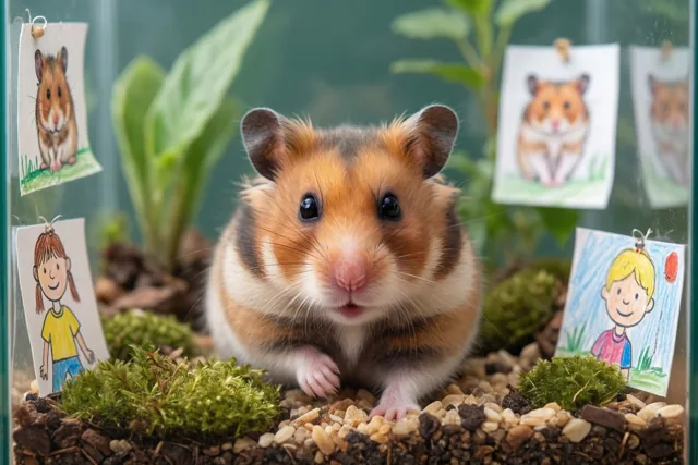 Een hamster zit in een terrarium met mos en grind, met kindertekeningen aan het glas.