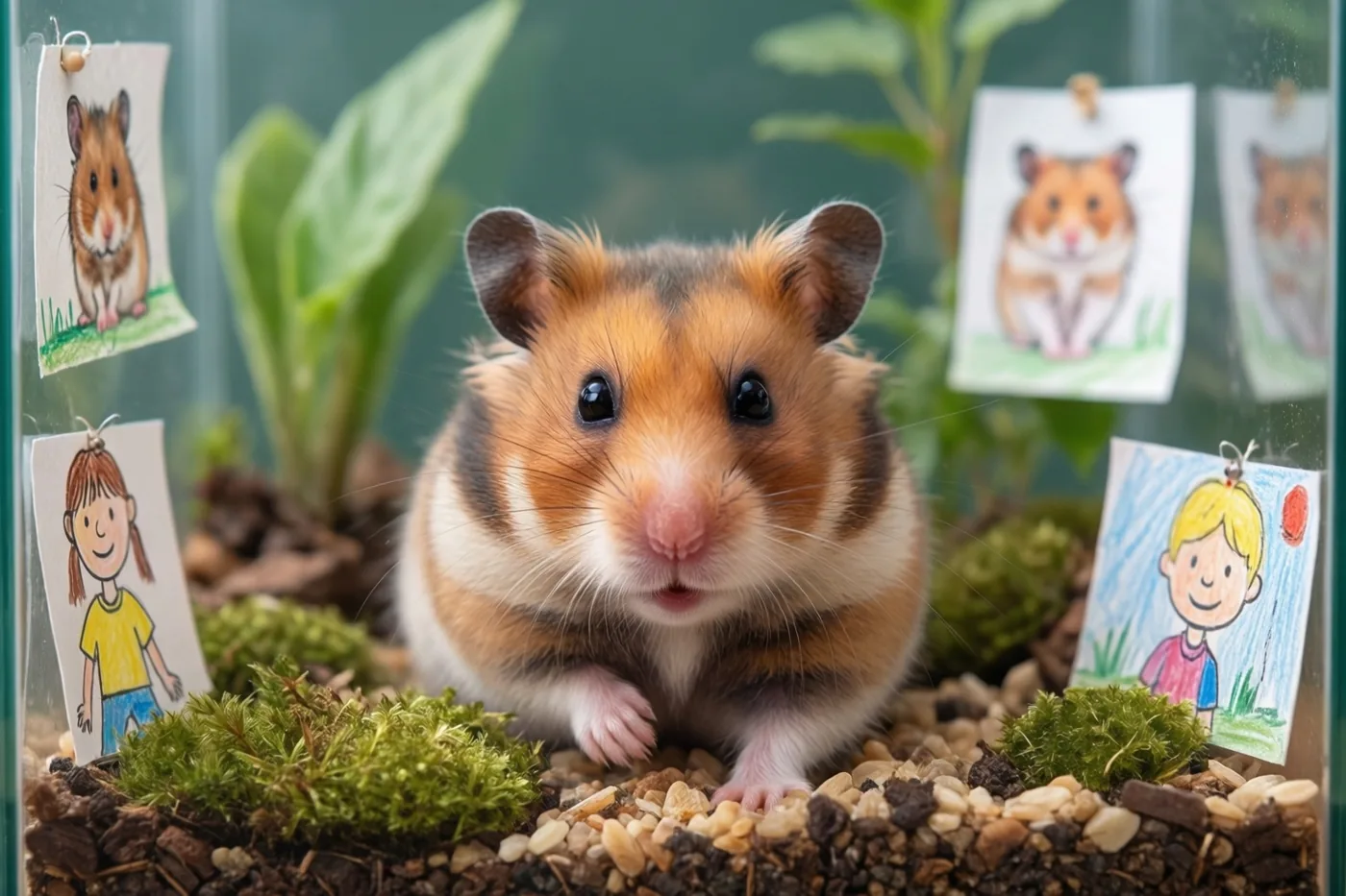 Een hamster zit in een terrarium met mos en grind, met kindertekeningen aan het glas.