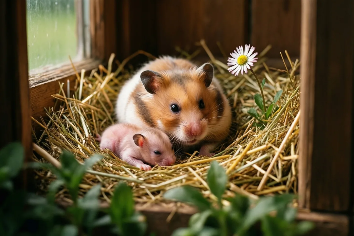 Een moederhamster rust met haar kleine roze jong in een hooinest naast een madeliefje, in een houten verblijf bij een raam.