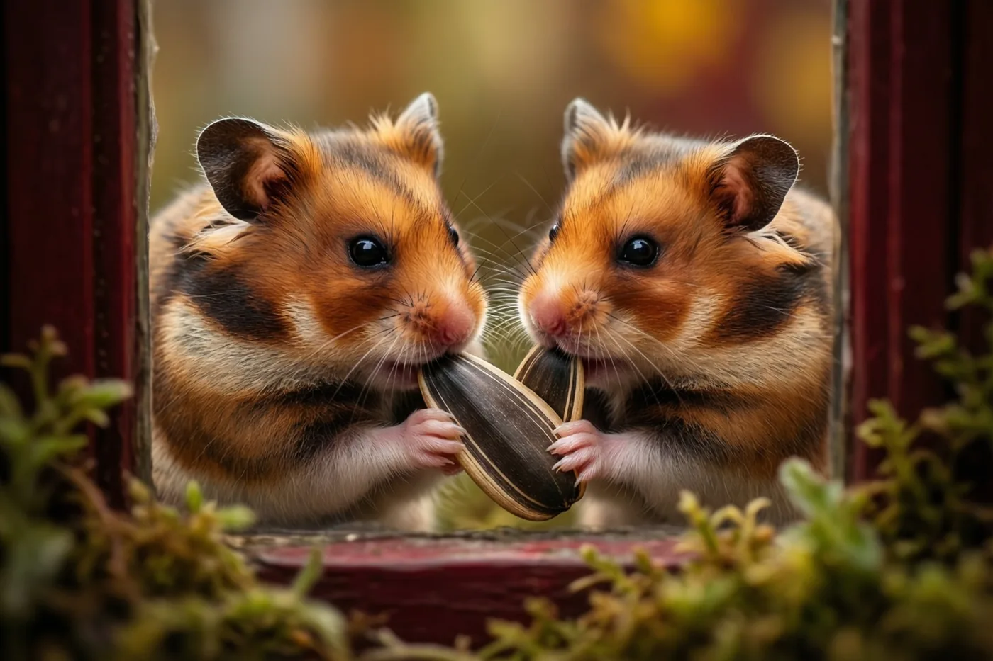 Twee hamsters kijken van achter een rood houten kader en delen één zonnebloempit in een tafereel met warme oranje, bruine en rode tinten.