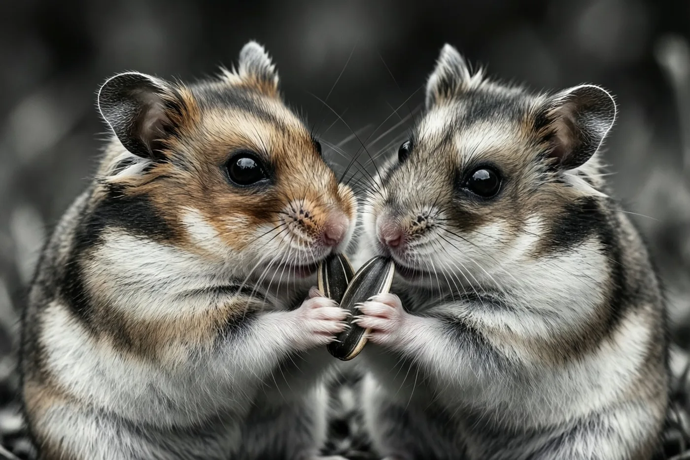 Twee hamsters met bruine, zwarte en witte vacht zitten in close-up tegenover elkaar en delen één donkere zonnebloempit tussen hun pootjes tegen een wazige natuurlijke achtergrond.