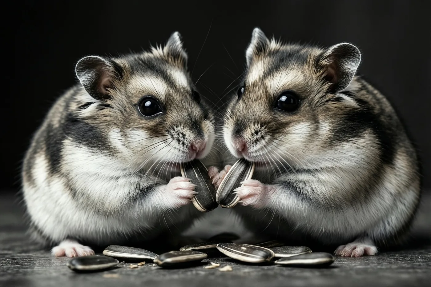 Twee hamsters zitten tegenover elkaar met elk een zonnebloempit tussen de pootjes, op een donkere ondergrond met losse pitten tegen een donkere achtergrond in zwart-wit en grijstinten.