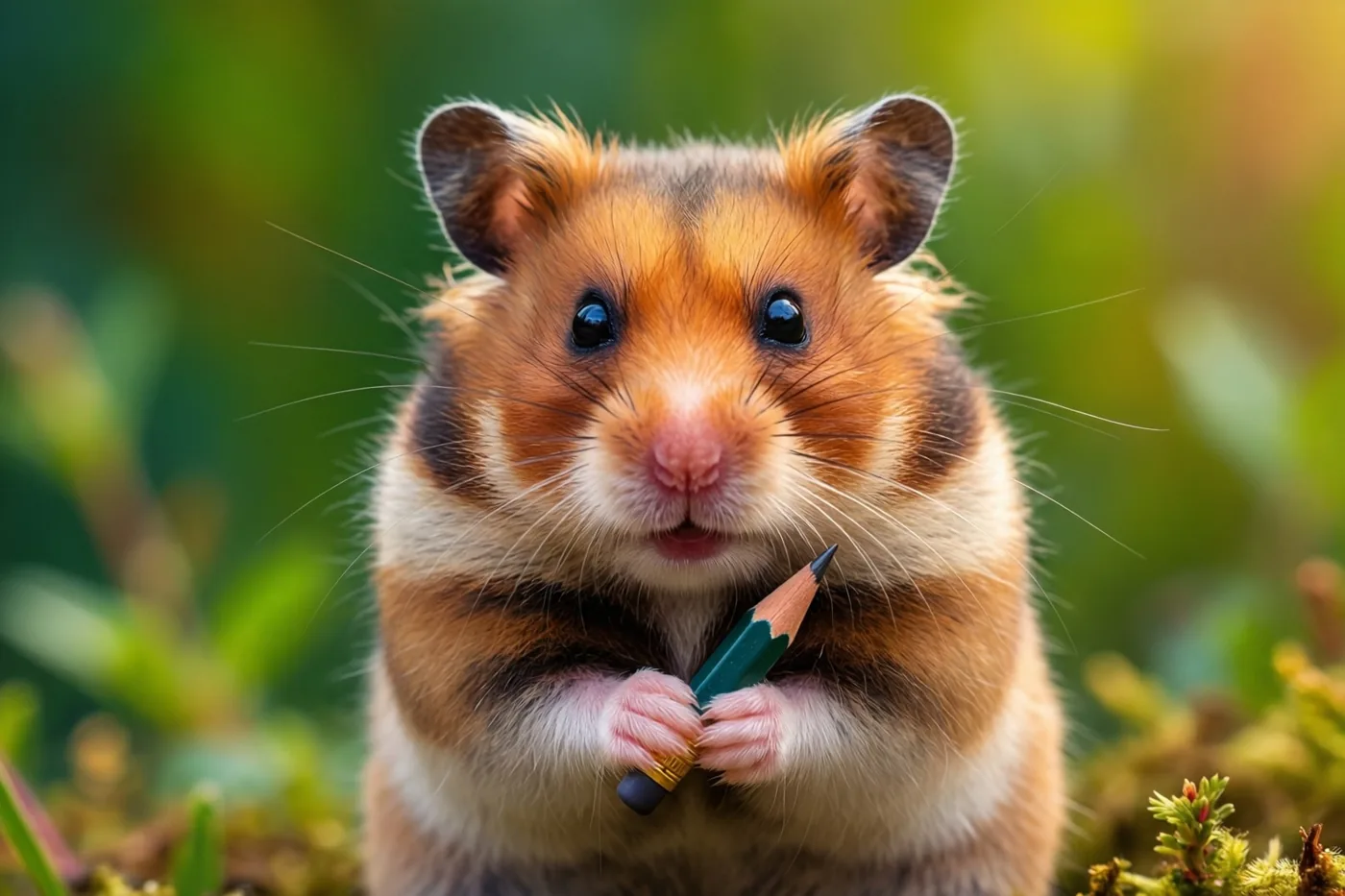 Een kleine oranje-witte hamster houdt een piepklein geslepen potlood vast tegen een onscherpe groen-gele natuurlijke achtergrond.