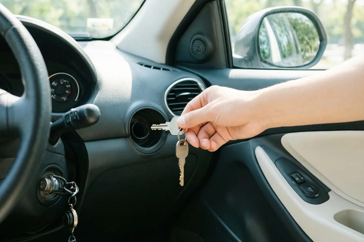 Een hand draait een sleutel in het contact van een kleine auto met een zwart en beige interieur, in helder zonlicht met groen buiten de ramen.