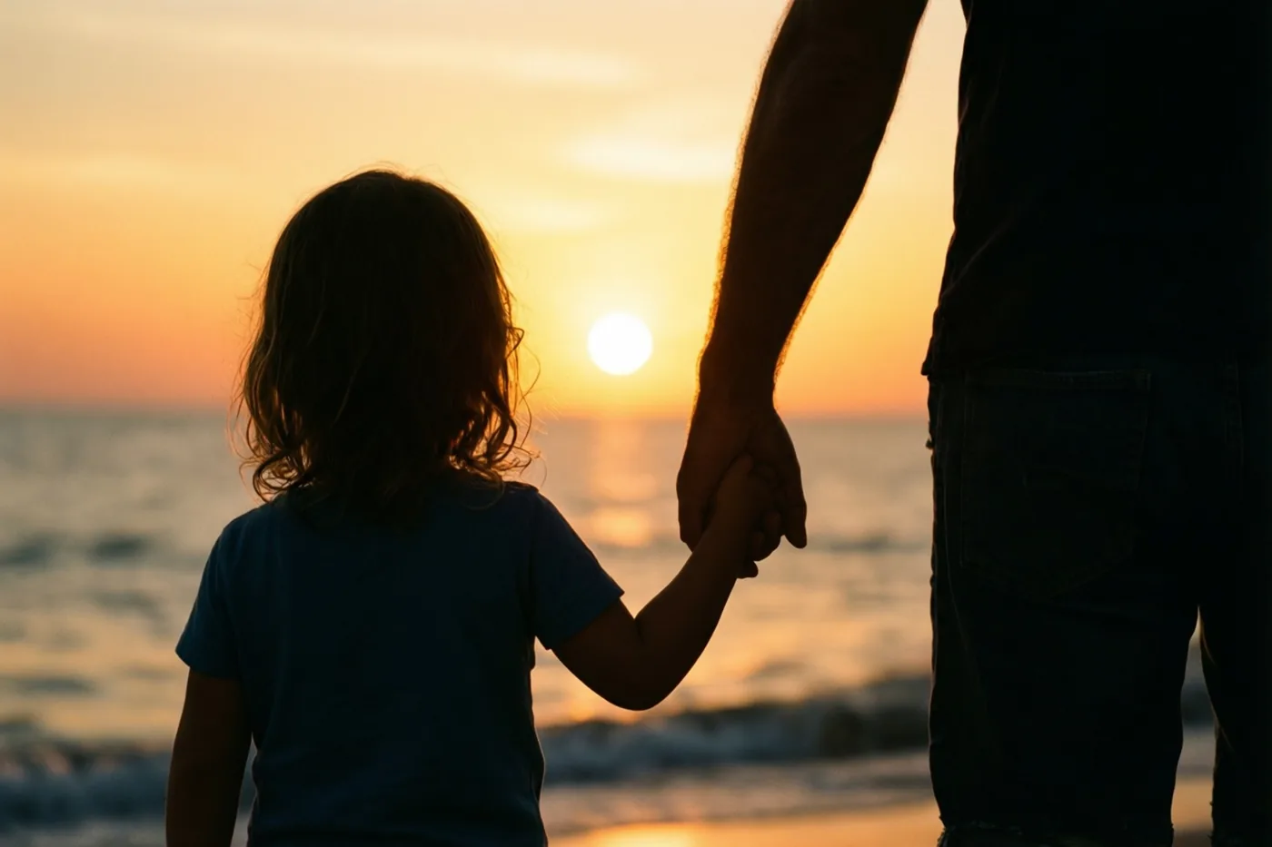 De silhouetten van een vader en kind houden elkaars hand vast tegen een zonsondergang boven zee in oranje, gele en donkerblauwe tinten.