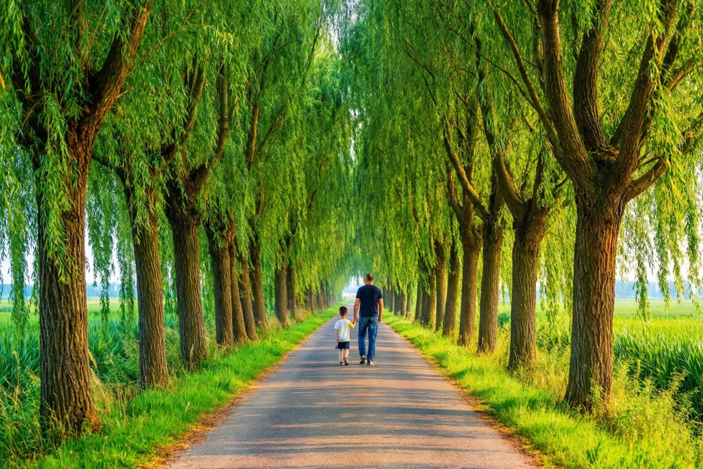Een vader en kind wandelen hand in hand over een verharde weg tussen hoge, dichtbebladerde wilgen in een groen polderlandschap met warm zonlicht.
