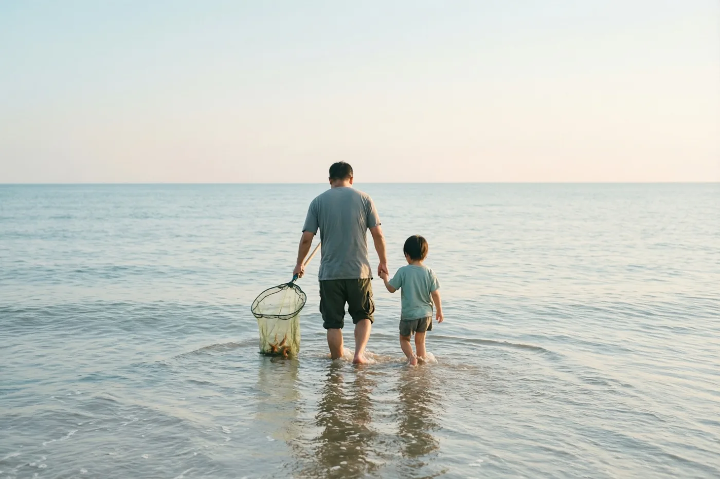 Een vader en kind waden hand in hand met een net door ondiep zeewater, van achteren gezien onder een heldere hemel.
