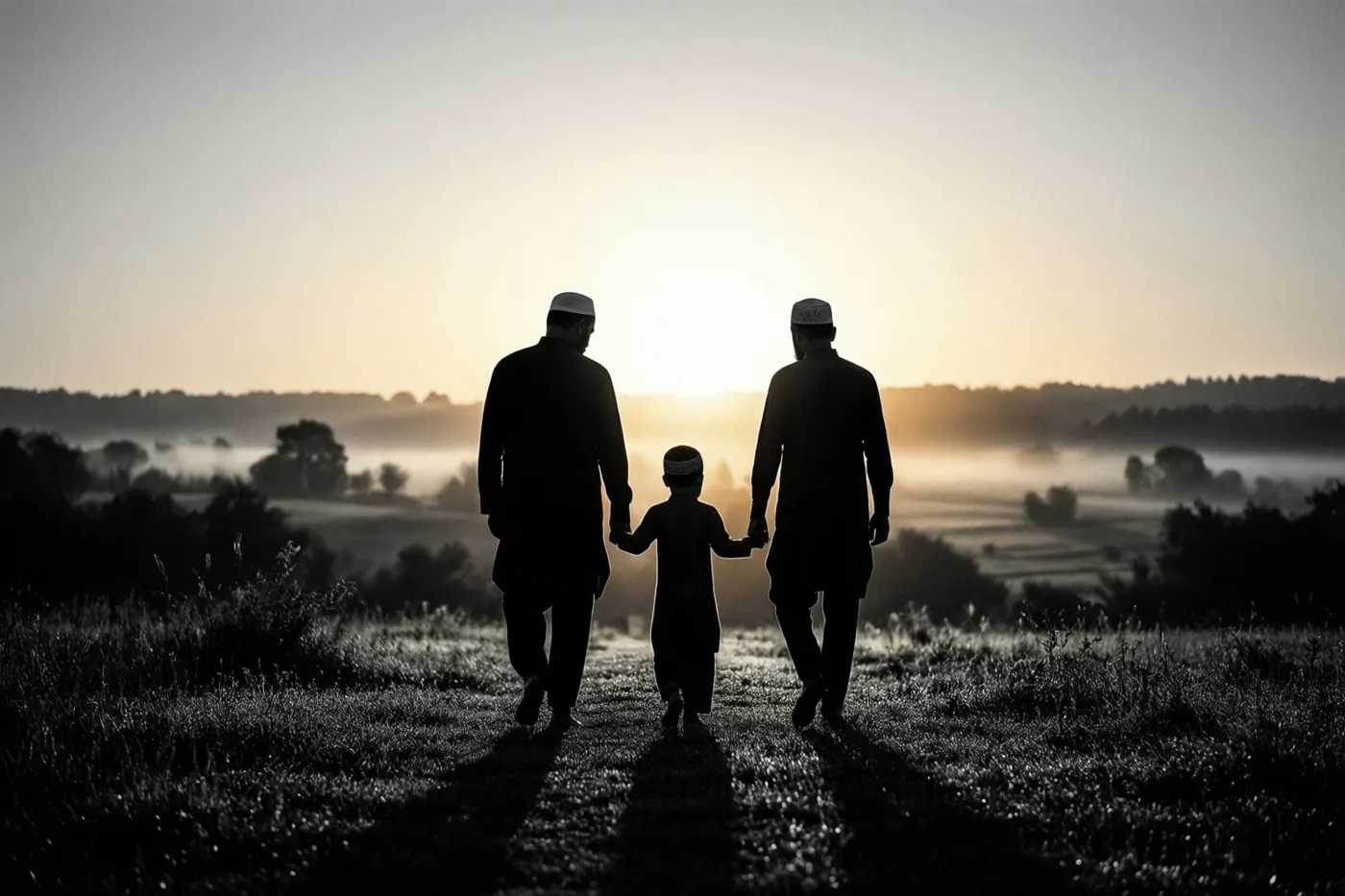 Twee volwassenen en een kind lopen als silhouetten hand in hand over een pad naar de zonsopgang boven een mistig landschap in oranje, gele en grijze tinten.
