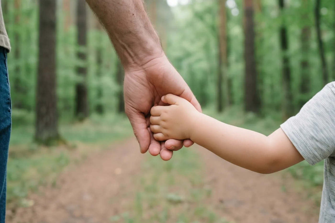 Een grote hand houdt een kleine kinderhand vast tijdens een wandeling op een bospad in een groen bos.