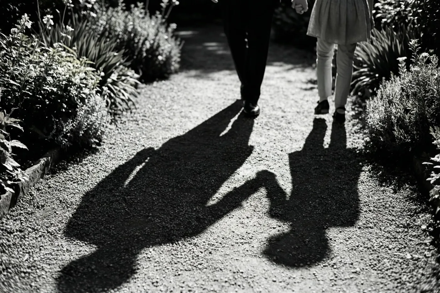 Het onderlichaam van twee mensen die hand in hand over een grindpad in een tuin wandelen is te zien in zwart-wit, met sterke schaduwen op de grond.