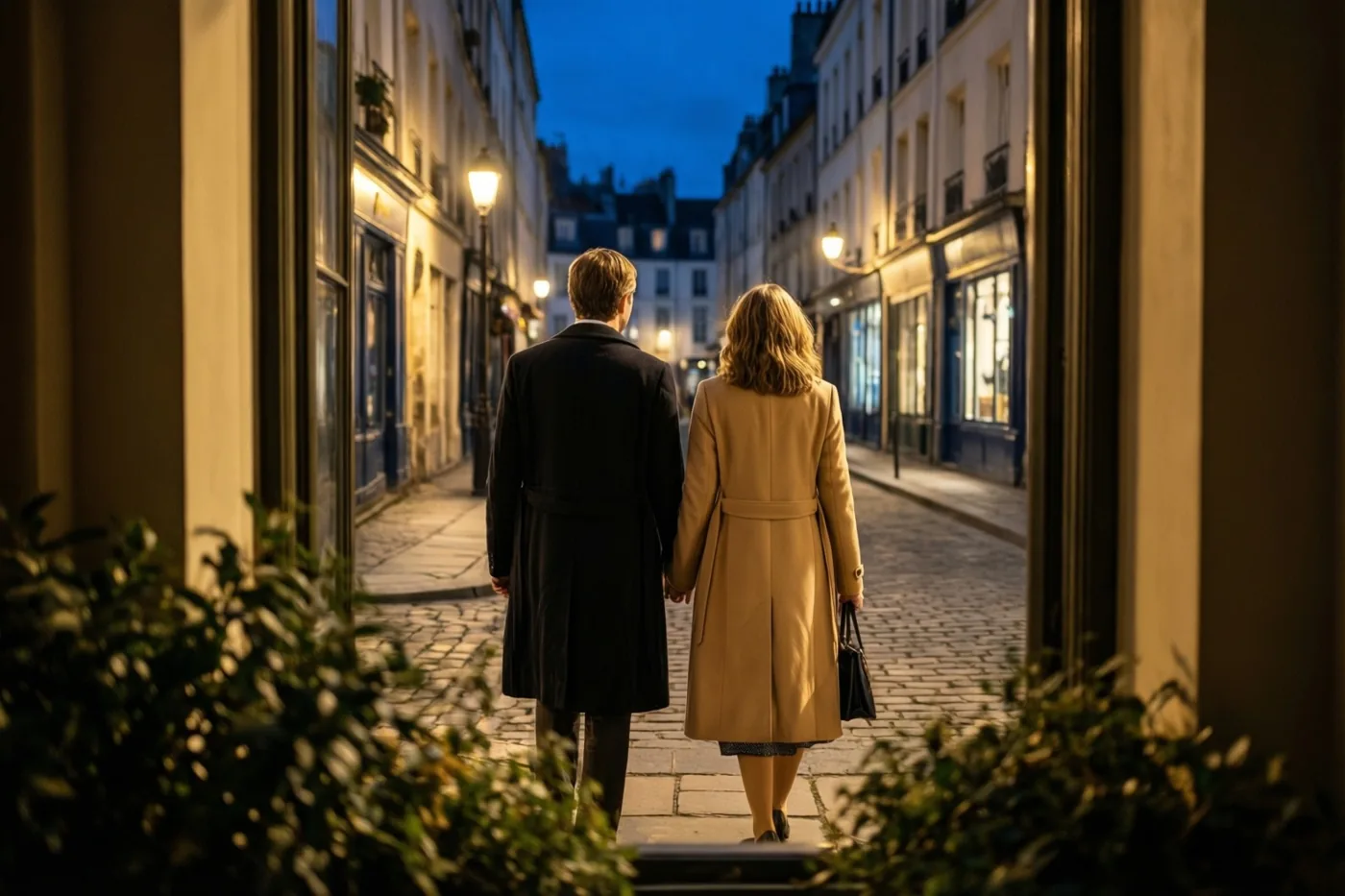 Twee mensen in elegante jassen lopen hand in hand van de camera weg door een smalle kasseistraat, verlicht door warme straatlampen onder een diepblauwe schemerlucht.