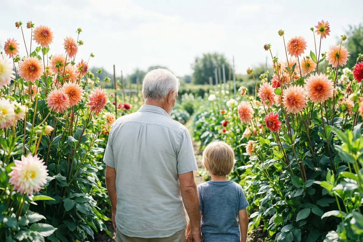 Een oudere man en een klein kind lopen hand in hand tussen rijen hoge dahlia’s in helder daglicht, van achteren gezien tussen roze, oranje en groene tinten.