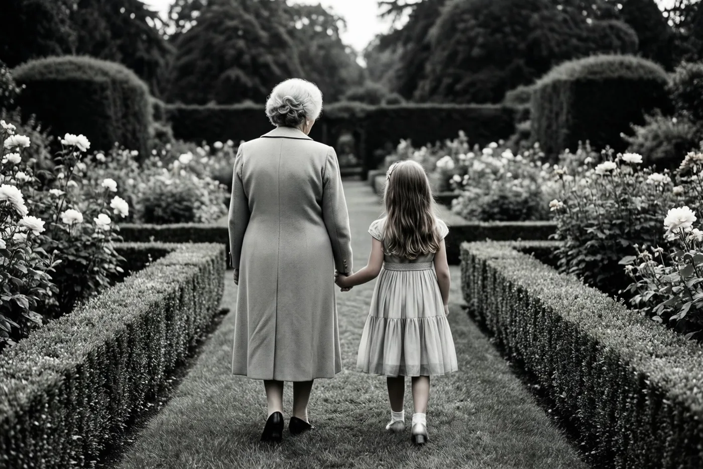 Een oudere vrouw en een jong meisje lopen hand in hand over een pad tussen strak gesnoeide hagen, van achteren gefotografeerd in zwart-wit.