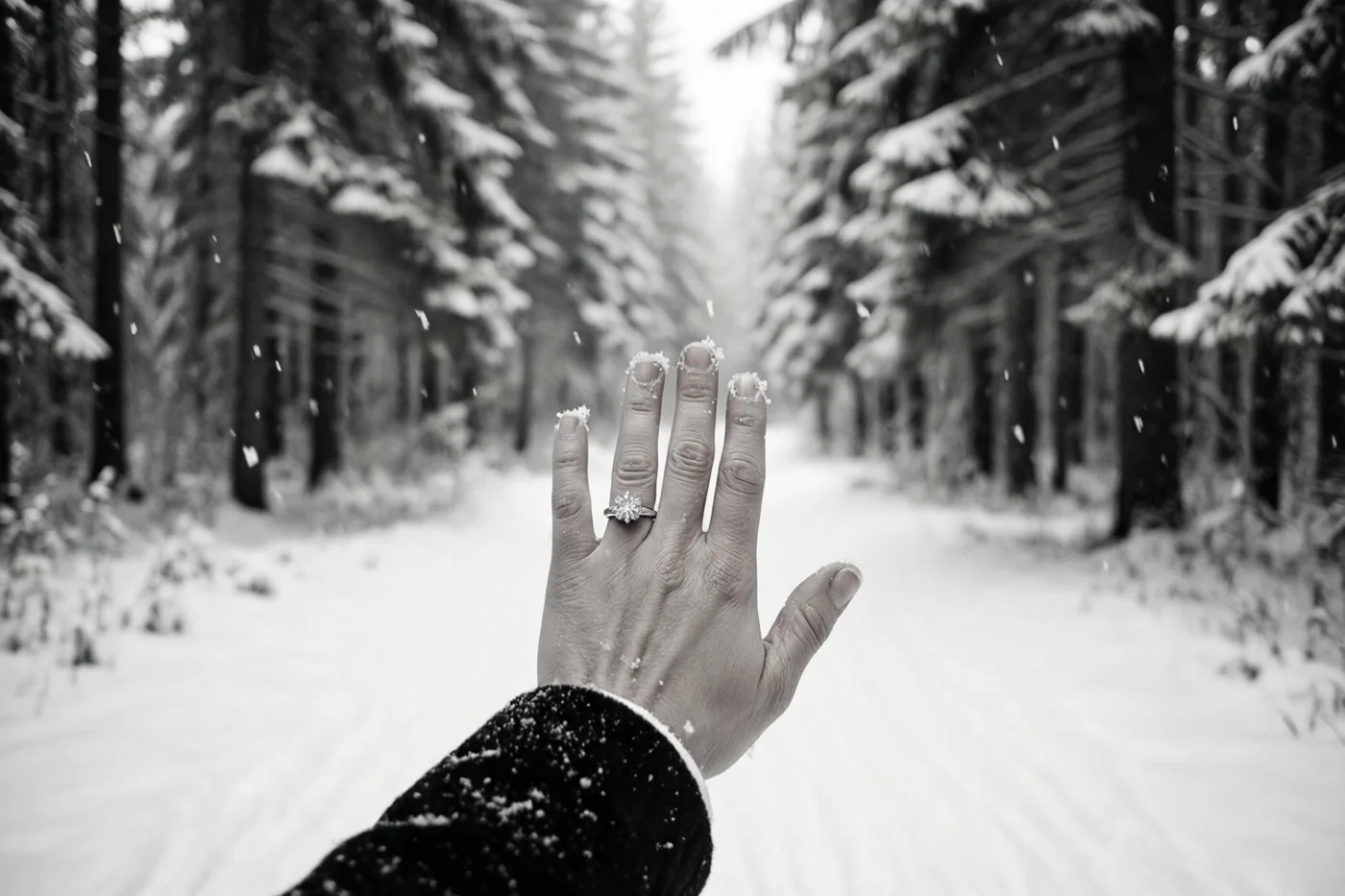 Een uitgestoken hand met een verlovingsring vangt sneeuwvlokken in een besneeuwd bos, weergegeven in zwart-wit.