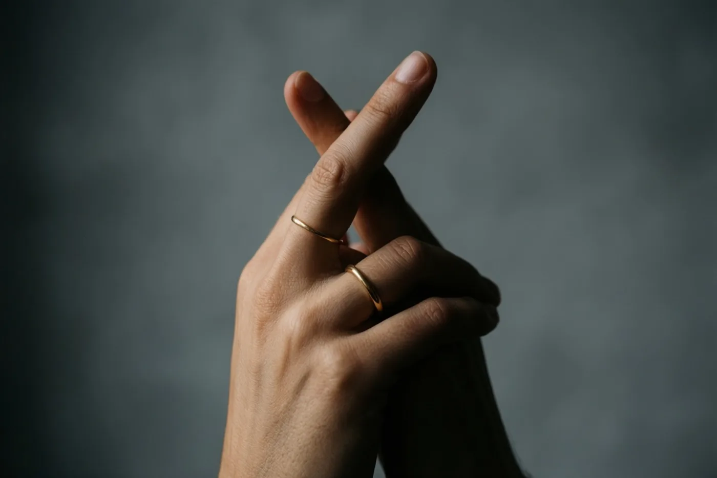 Een close-up toont een hand met gekruiste vingers en een fijne gouden ring tegen een zachtgrijze achtergrond.
