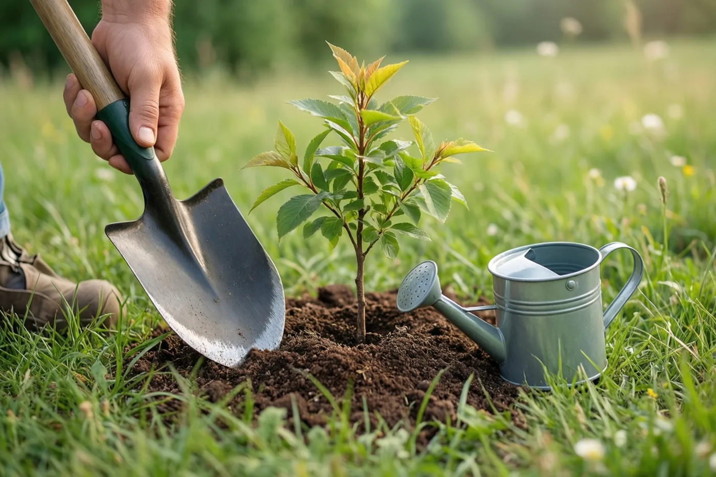 Een hand houdt een spade vast naast een klein geplant boompje en een gieter in een zonnige weide met een zacht vervaagde achtergrond.