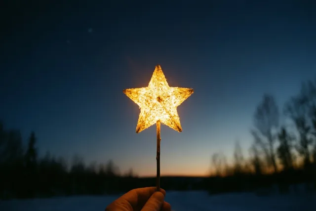 Een hand houdt een lichtgevende gouden ster op een stok omhoog tegen een donkere winterse schemerlucht, boven een sneeuwlandschap met silhouetten van bomen.