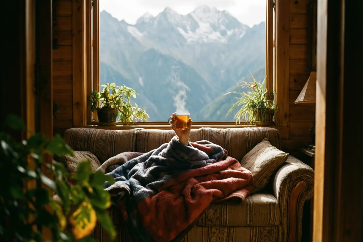 Een hand met een dampende mok thee komt onder een stapel dekens op een zetel vandaan, met groene planten in de kamer en besneeuwde bergen achter een raam met een houten kozijn.