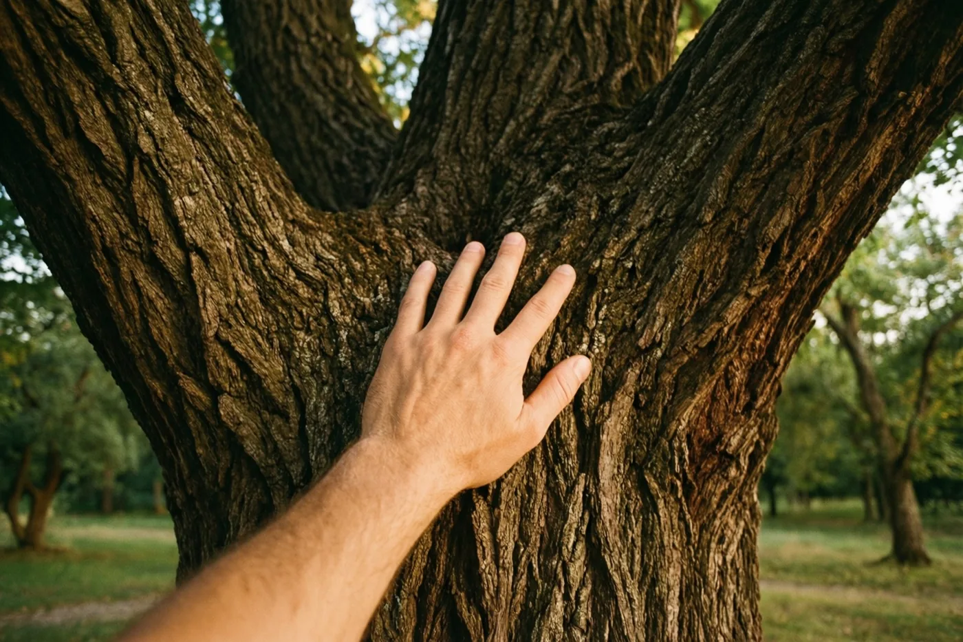 Een hand rust op de ruwe schors van een dikke, oude boom in een zonnig park met onscherp groen op de achtergrond.