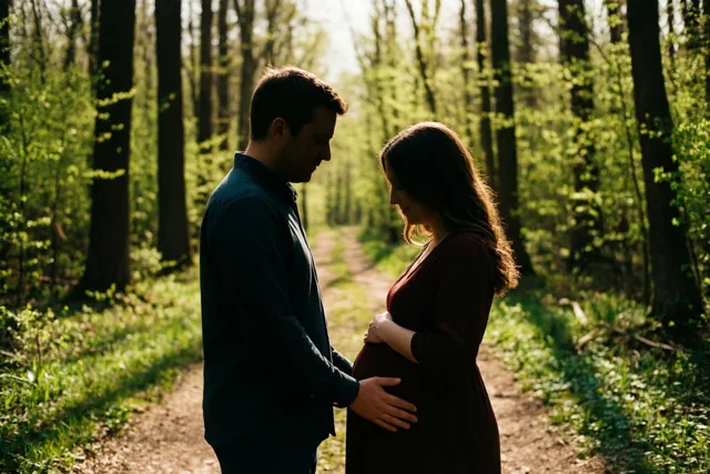 Een man en een zwangere vrouw staan naast elkaar op een bospad in de lente, met zijn hand op haar buik en zacht zonlicht tussen de bomen.