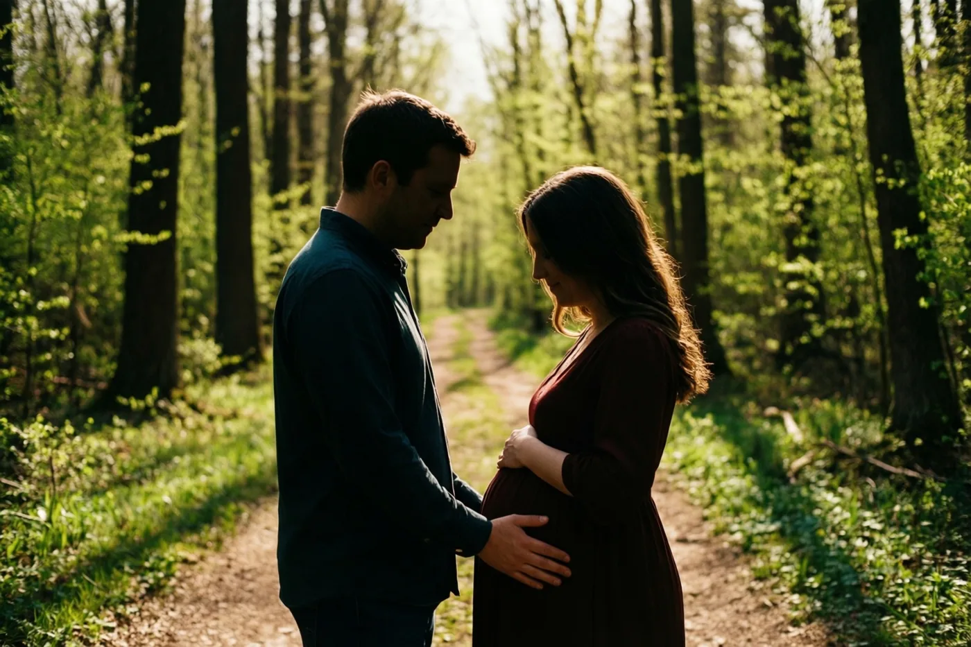 Een man en een zwangere vrouw staan naast elkaar op een bospad in de lente, met zijn hand op haar buik en zacht zonlicht tussen de bomen.