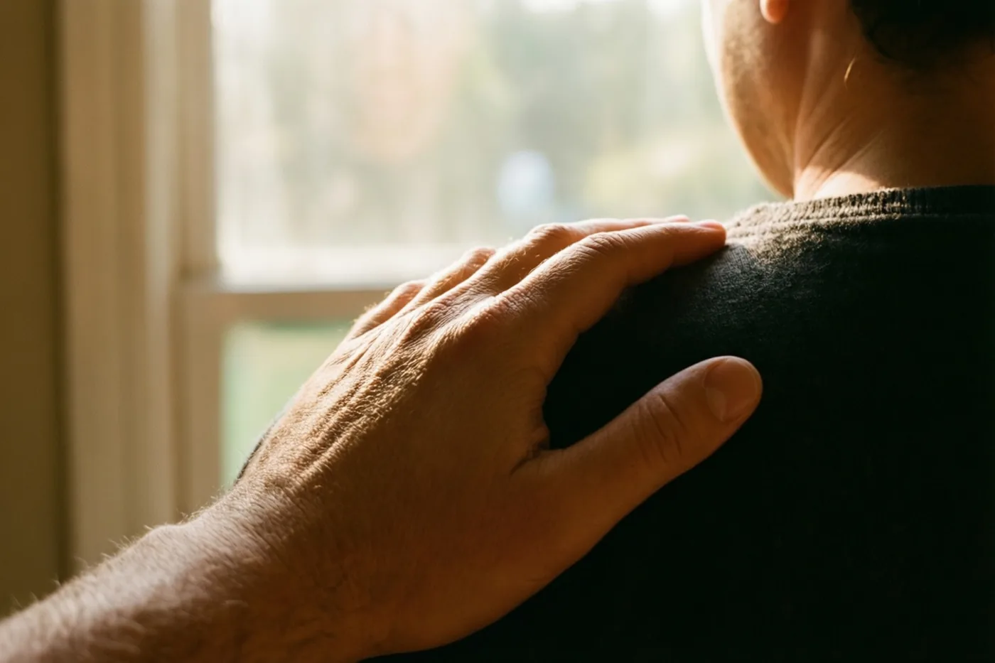 Een hand ligt op de schouder van een persoon die van achteren te zien is, met warme tinten en zacht raamlicht op de huid en de donkere stof.