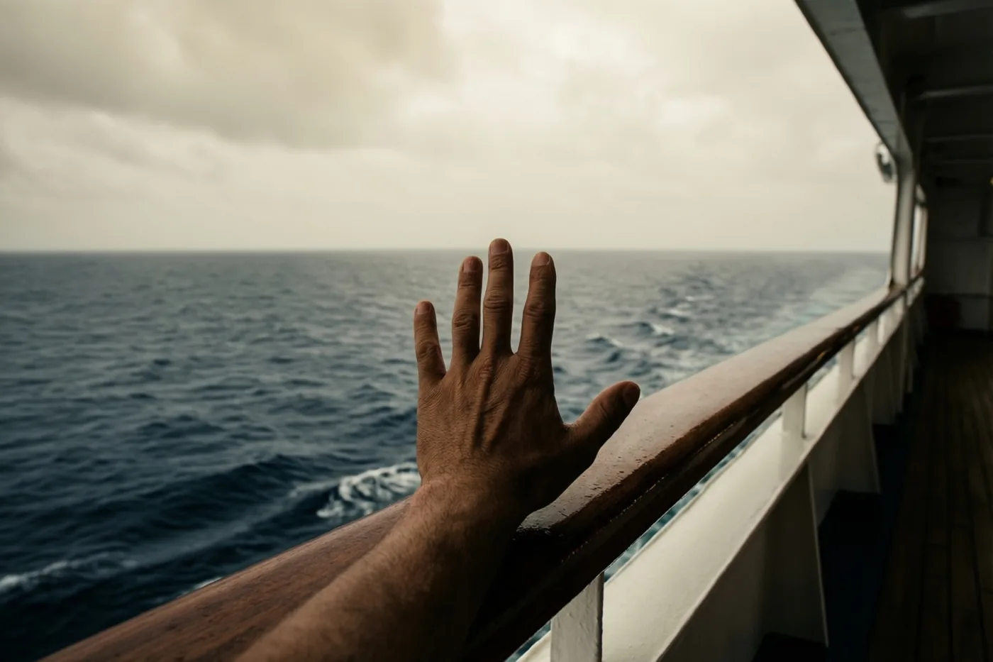 Een hand rust op de houten reling van een scheepsdek, met de open zee tot aan de horizon onder een bewolkte hemel.