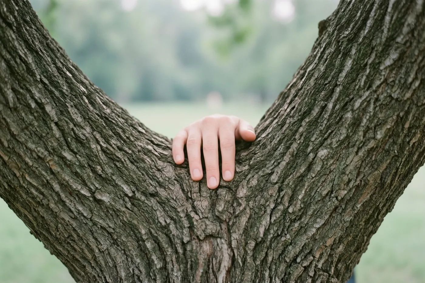 Een hand rust op de ruwe schors van een dikke, oude boomstam, met onscherp groen op de achtergrond.
