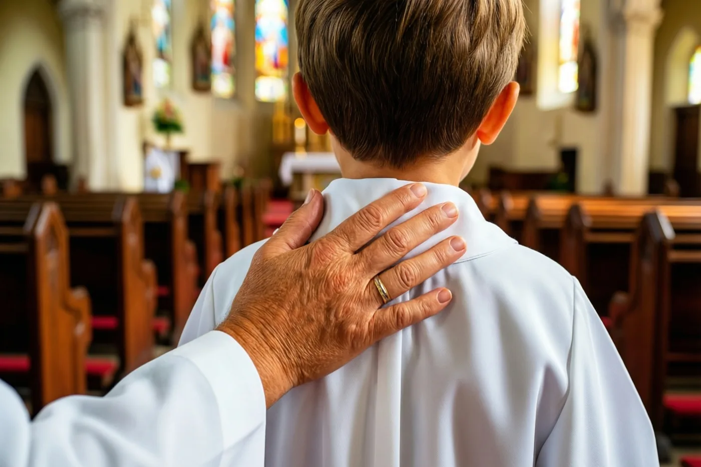 Een peter of meter legt van achteren gezien een hand op de schouder van een kind in een wit gewaad in een kerk met zacht licht door de glasramen.