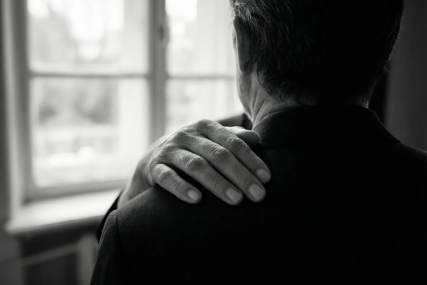 Op een zwart-witfoto rust een hand op de schouder van een persoon die van achteren te zien is en bij een raam staat.