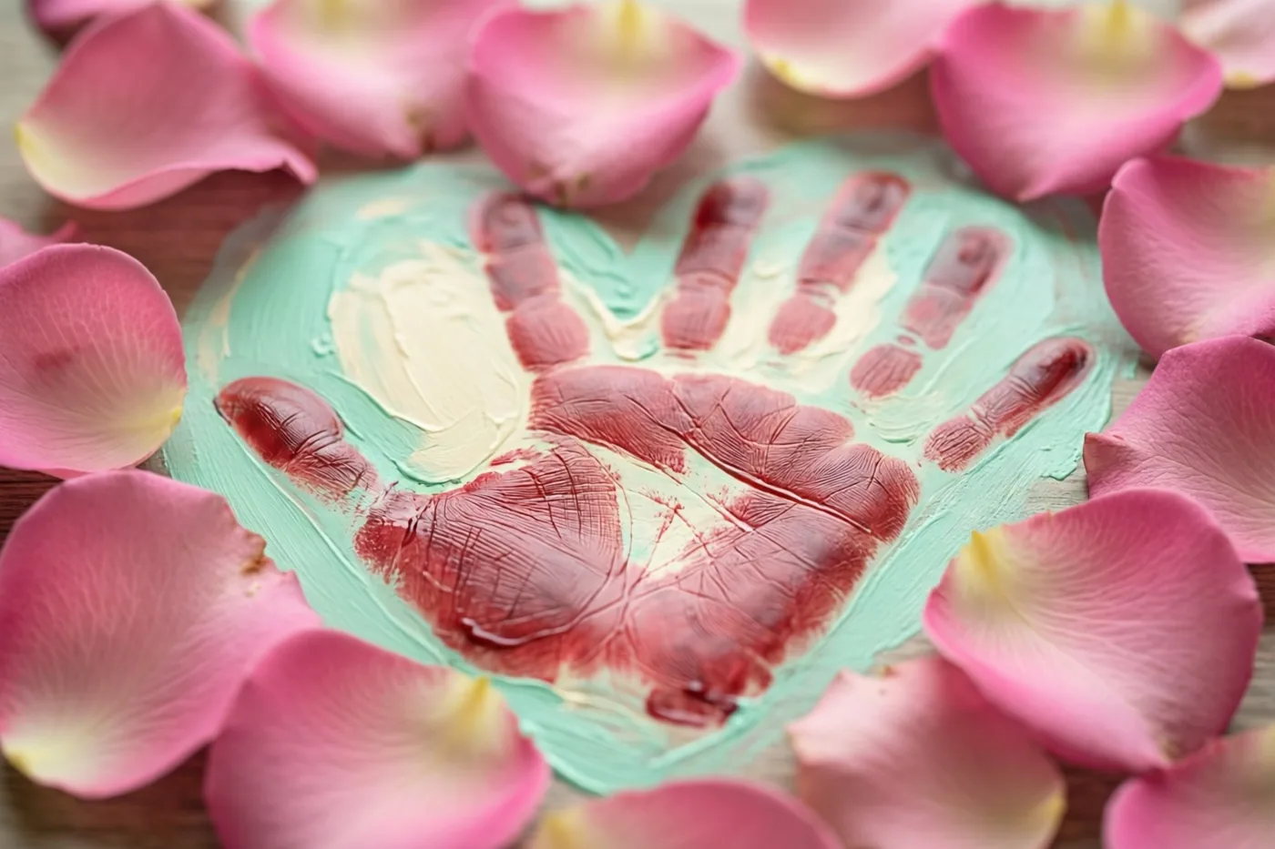 Een rode en crèmekleurige kinderhandafdruk staat binnen een hart van roze rozenblaadjes op een houten oppervlak met mintgroen op de achtergrond.