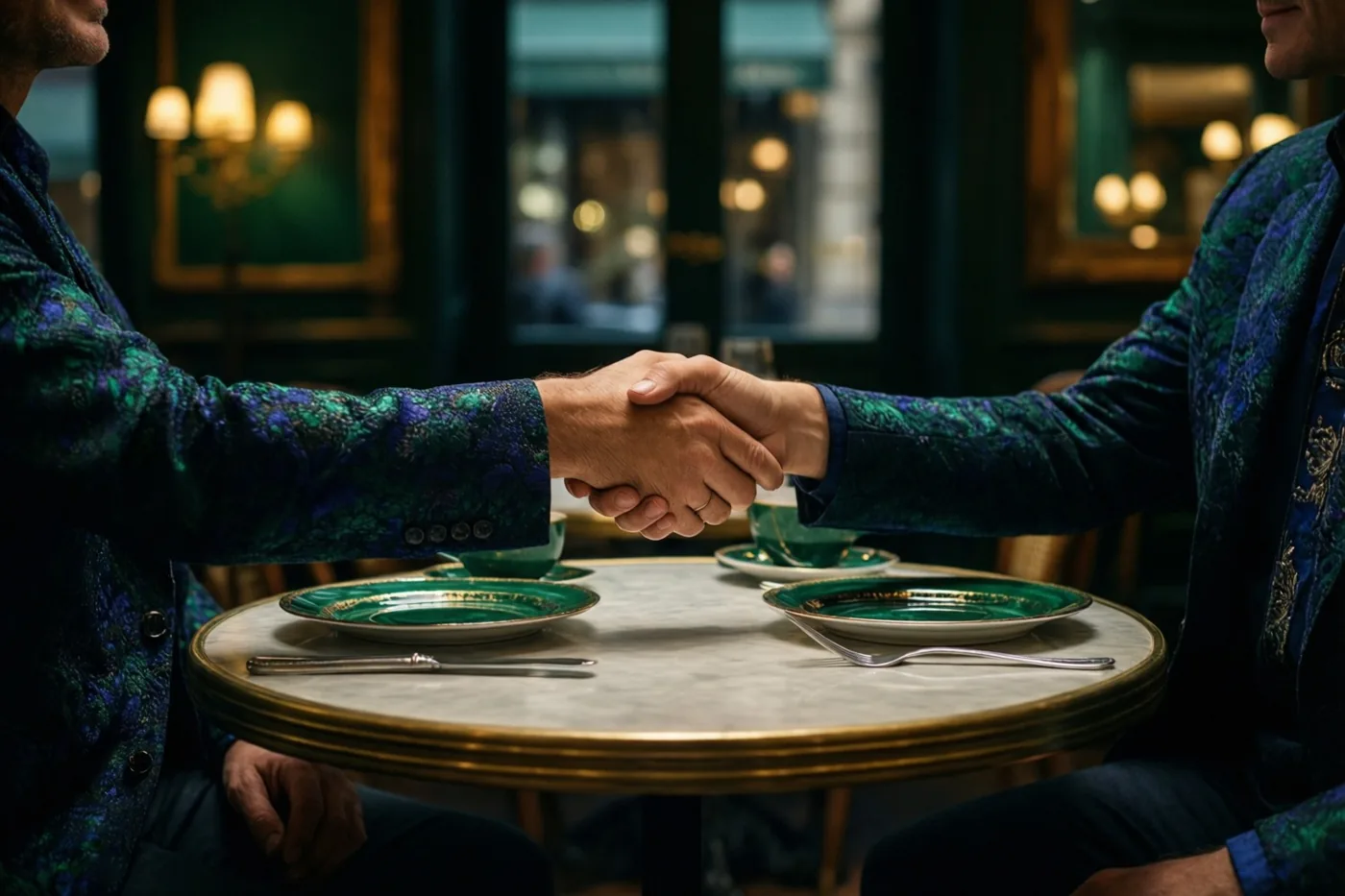 Twee mannen in jasjes met een patroon schudden elkaar de hand boven een ronde cafétafel met groene borden en bestek, in een stijlvol café met groene muren en gedempt warm licht.