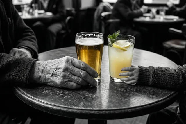 Een oudere hand en een kleine kinderhand rusten op een houten cafétafel naast een glas bier en een glas limonade met citroen en munt, waarbij de drankjes kleur geven aan het grotendeels zwart-witte beeld.