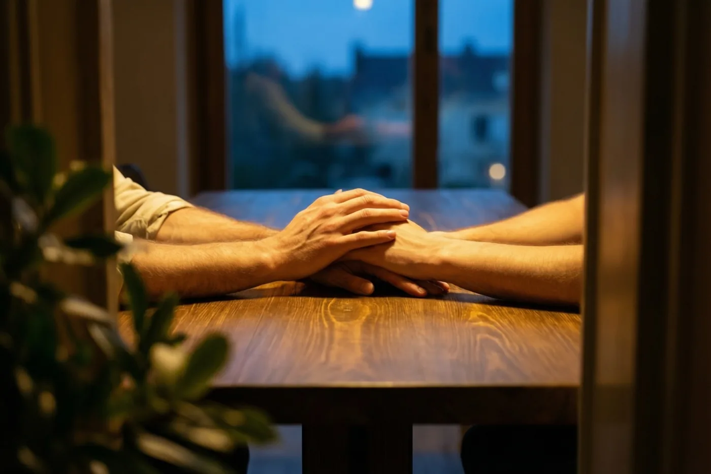 Vanuit een laag standpunt zijn twee handen te zien die op elkaar rusten op een houten tafel, met warm binnenlicht en een wazig blauw raam op de achtergrond bij schemering.