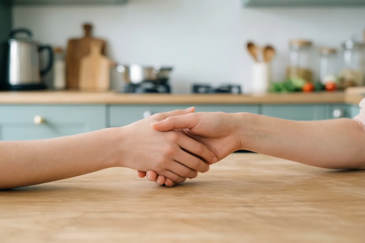 Twee handen houden elkaar vast op een houten keukentafel, met onscherpe lichtblauwe keukenkasten en houten werkbladen op de achtergrond.