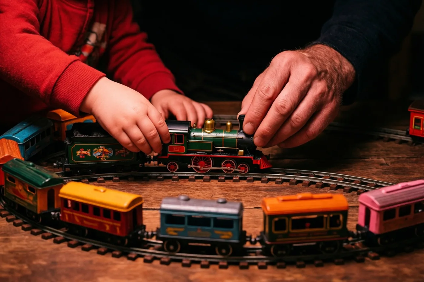 Een kinderhand en een volwassen hand zetten samen een oude blikken speelgoedtrein op een houten tafel, in warme rode, groene en bruine tinten.