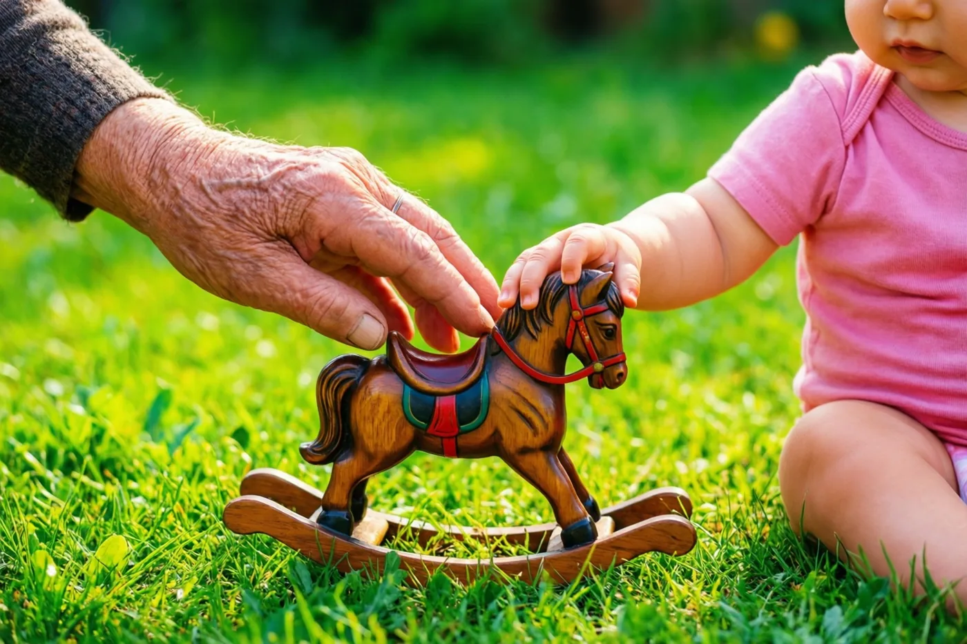 Een hand van een oudere persoon en een babyhand raken zachtjes een houten hobbelpaard aan op een zonnig grasveld, met roze babykleding in beeld.