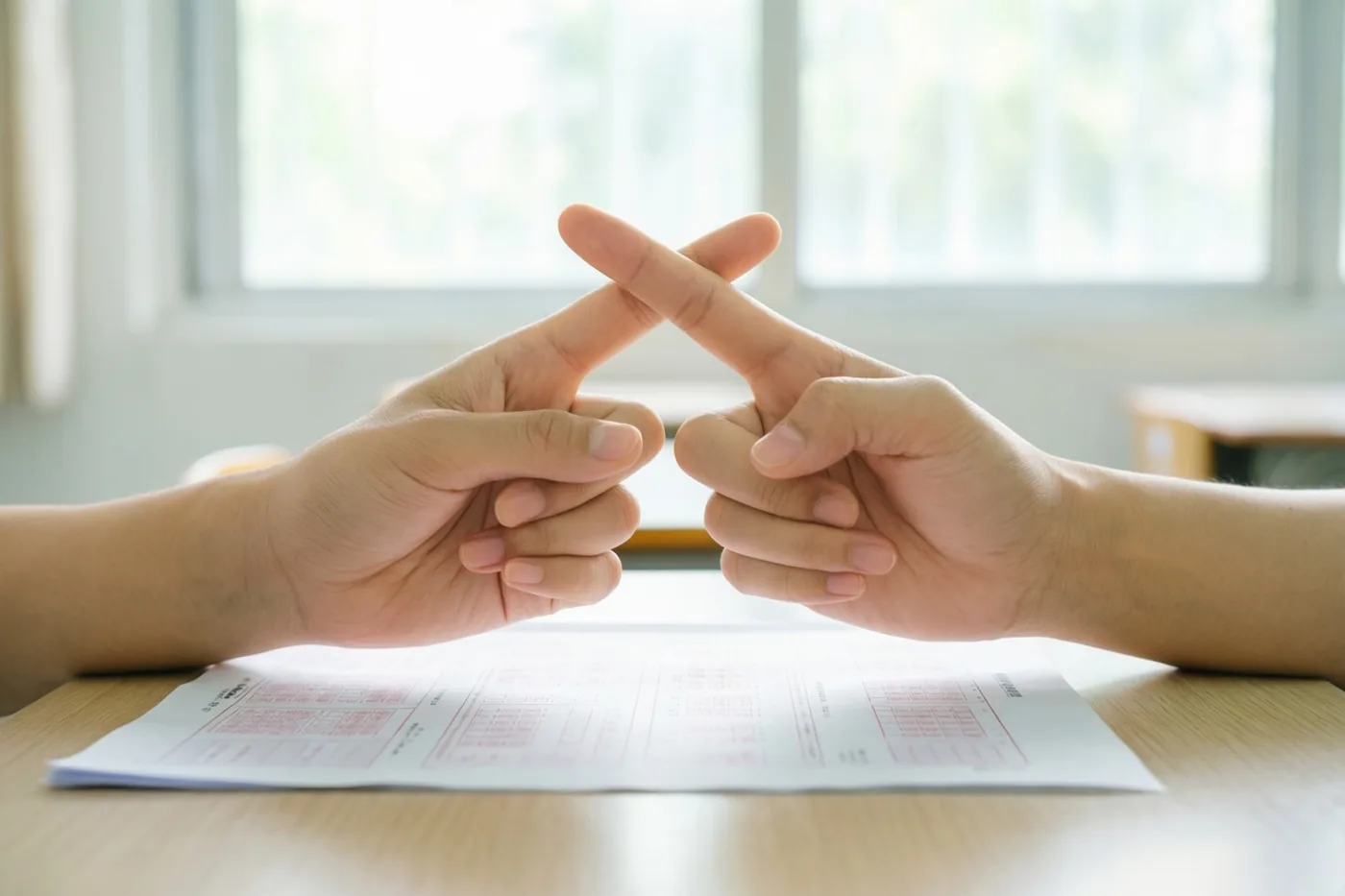 Twee handen met gekruiste vingers liggen op een houten bureau naast een omgekeerd examenblad in een helder verlichte kamer met een raam op de achtergrond.