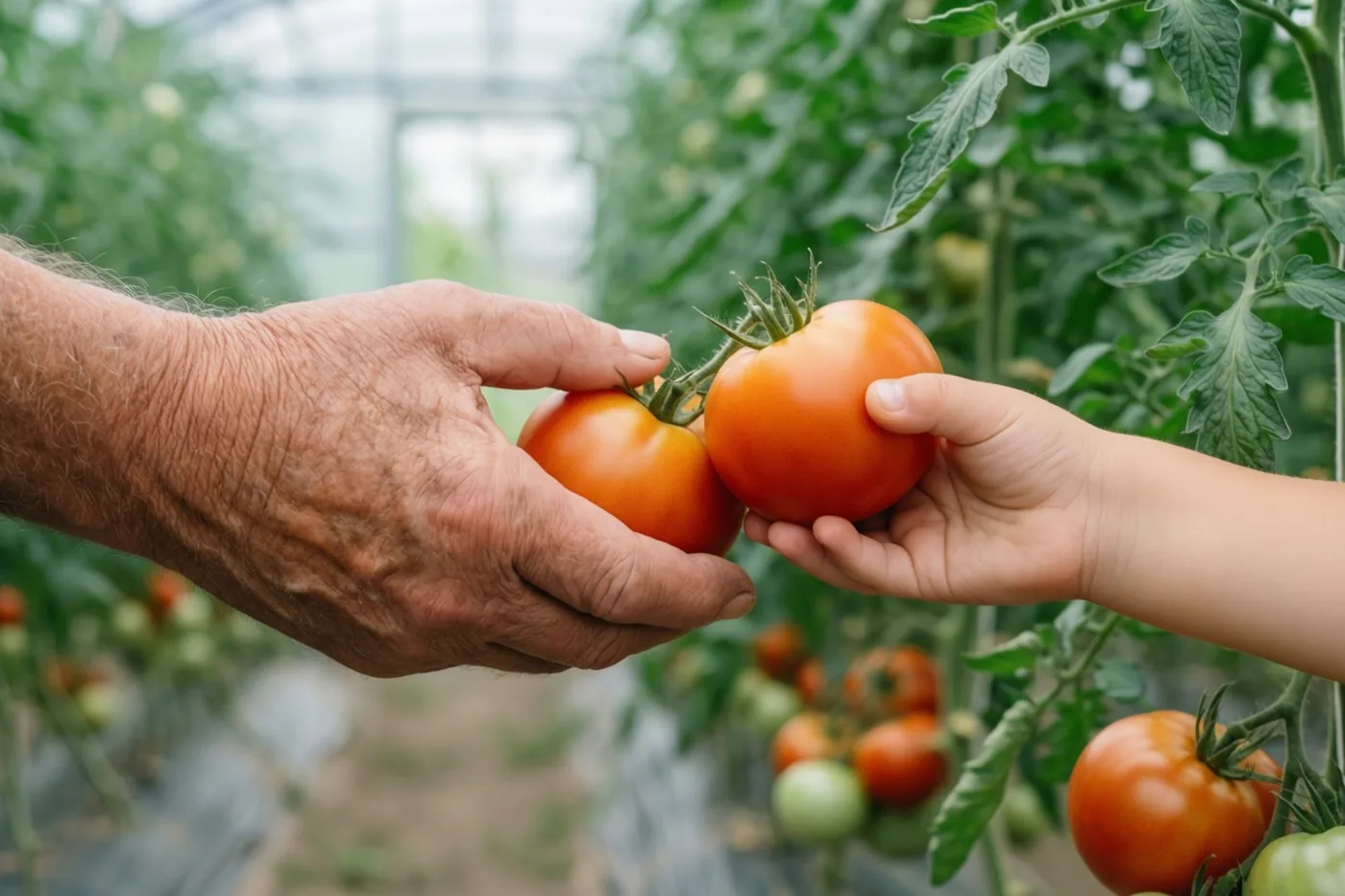 Een volwassen hand en een kinderhand houden elk een rijpe rode tomaat vast die nog aan de plant hangt in een serre met groene tomatenplanten.