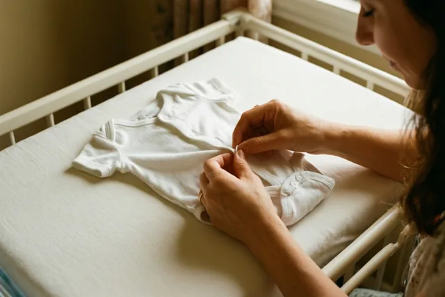 De handen van een vrouw knopen een klein wit babypakje dicht dat plat op een witte verzorgingstafel ligt in warm, zacht licht.